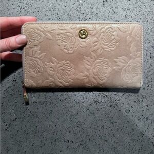 Valentina Embossed Floral Zip-Around Wallet in Beige with Gold Accent
